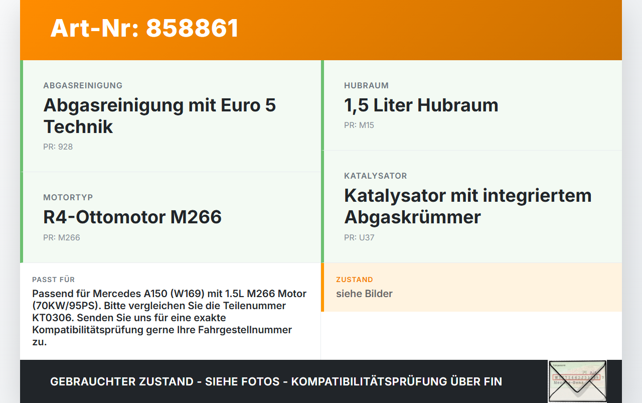 Mercedes W169 A150 08-12 1,5 70KW Katalysator Kat mit Abgaskrümmer Mercedes W169 A150 08-12 16.12.2009 A1694902414... Vorschau 3