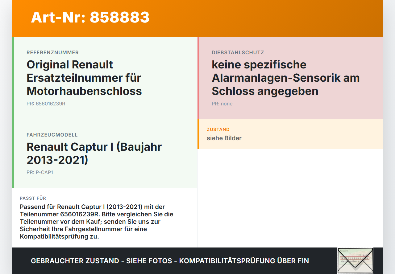 Renault Captur I  13-21 Haubenschloss Motorhaubenschloss Schloss Renault Captur I  13-21 19.09.2019 656016239R gebraucht Vorschau 3