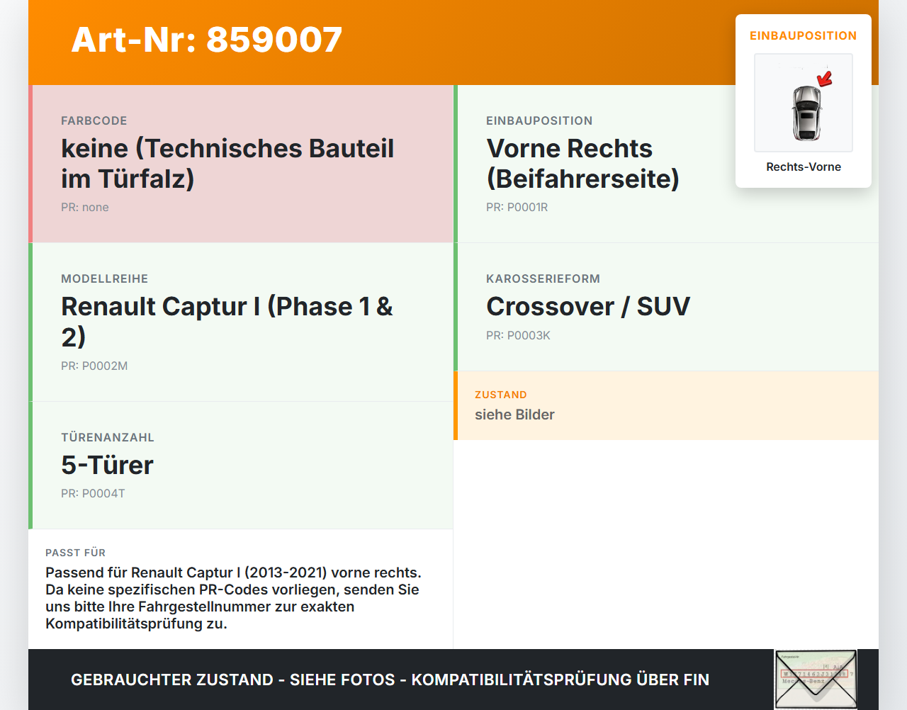 Renault Captur I  13-21 Türfangband Türbremse Türanschlag Rechts Vorne Renault Captur I  13-21 19.09.2019 gebraucht Vorschau 3