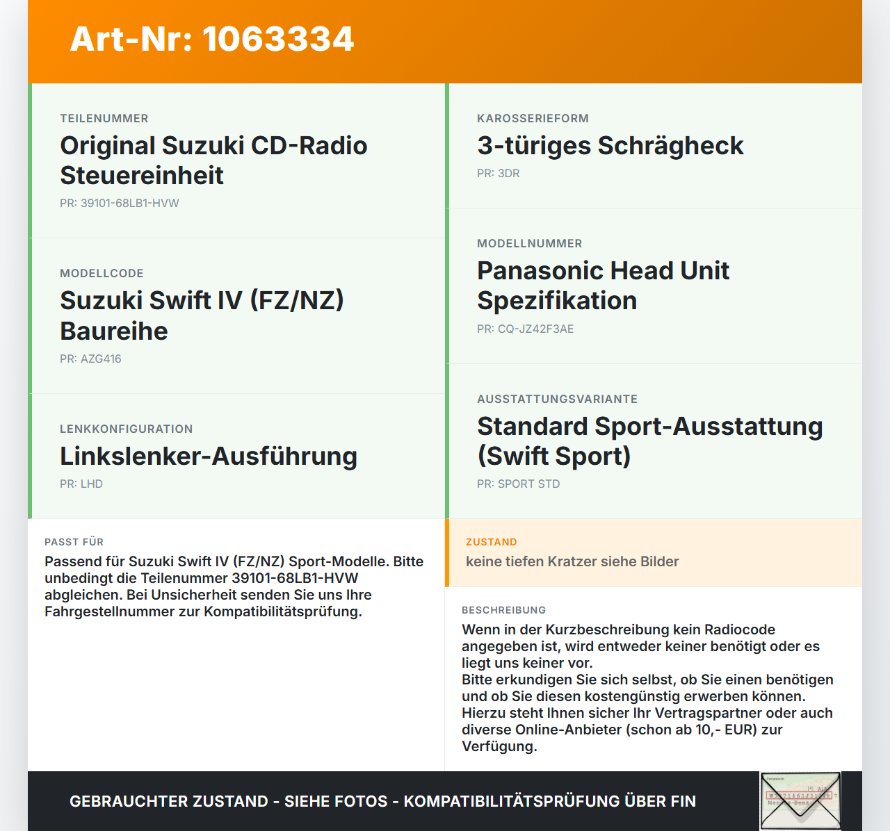 Suzuki Swift IV FZ NZ 12-17 Autoradio CD-Radio Suzuki Swift IV FZ NZ 12-17 04.07.2016 39101-68LB1-HVW CQ-JZ42F3AE... Vorschau 3