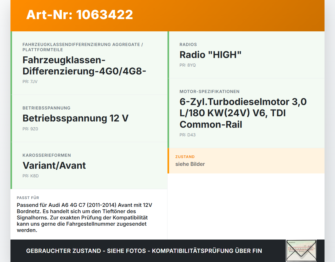 Audi A6 4G C7 11-14 qu Hupe Signalhorn Tieftöner Audi A6 4G C7 11-14 qu 31.01.2012 024148 00.1165 gebraucht Vorschau 3