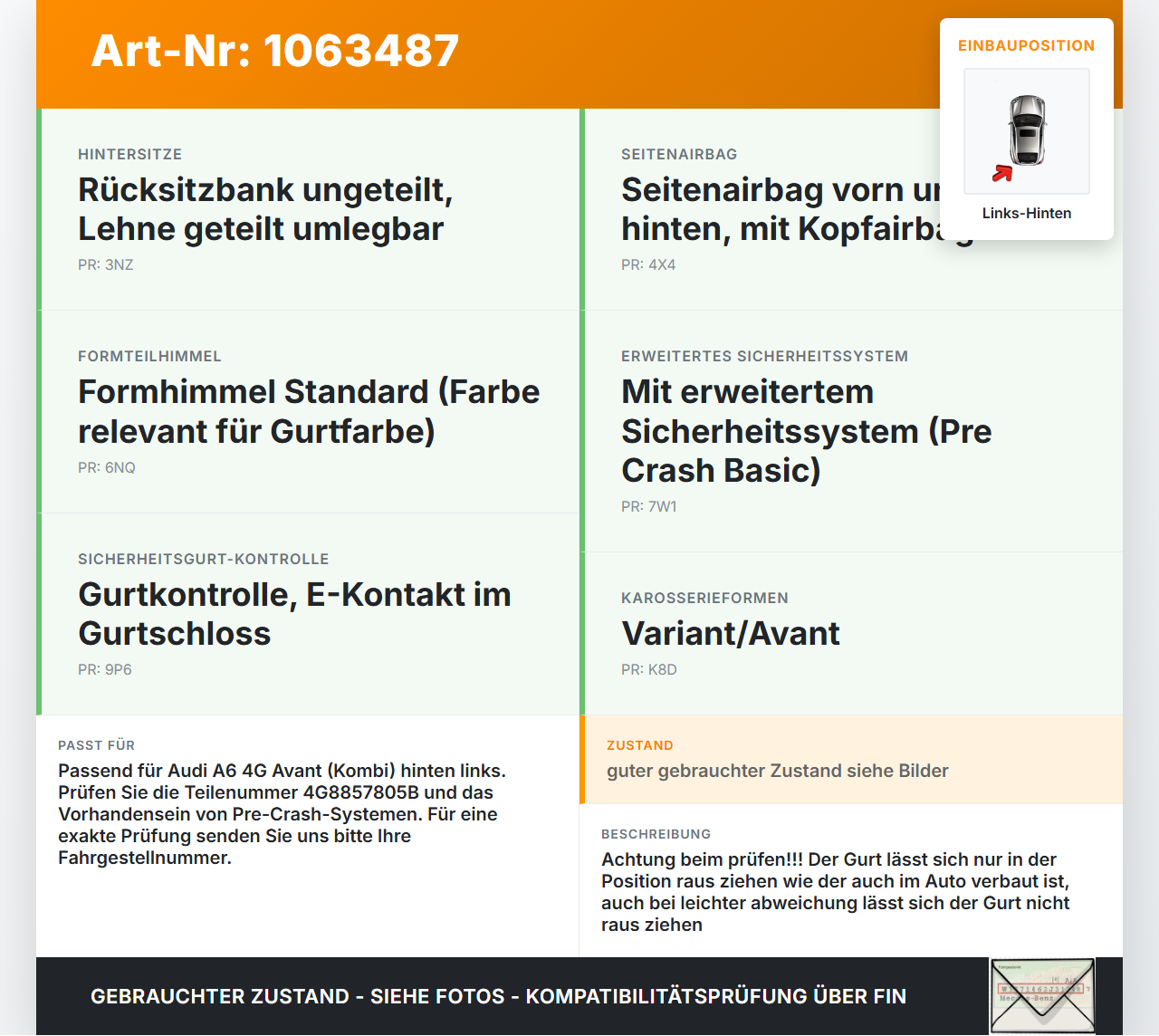 Audi A6 4G C7 11-14 qu Kombi Gurt Sicherheitsgurt Links Hinten Audi A6 4G C7 11-14 qu 31.01.2012 4G8857805B... Vorschau 3