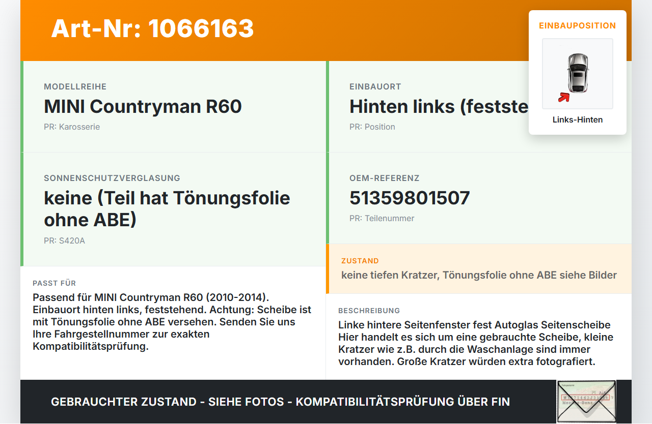 MINI Countryman R60 10-14 LHSF feste Seitenscheibe Scheibe Links Hinten MINI Countryman R60 10-14 08.12.2011... Vorschau 3