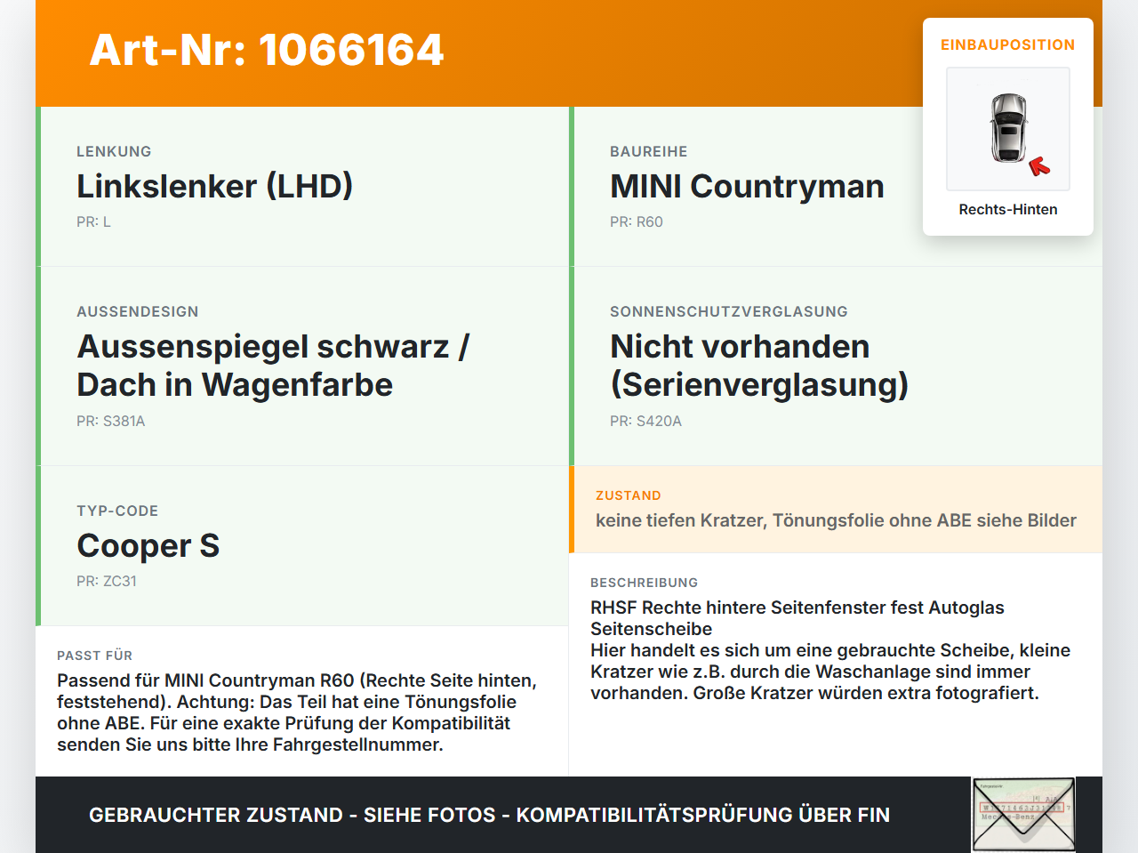 MINI Countryman R60 10-14 Seitenscheibe Feste Scheibe Rechts Hinten MINI Countryman R60 10-14 08.12.2011... Vorschau 3