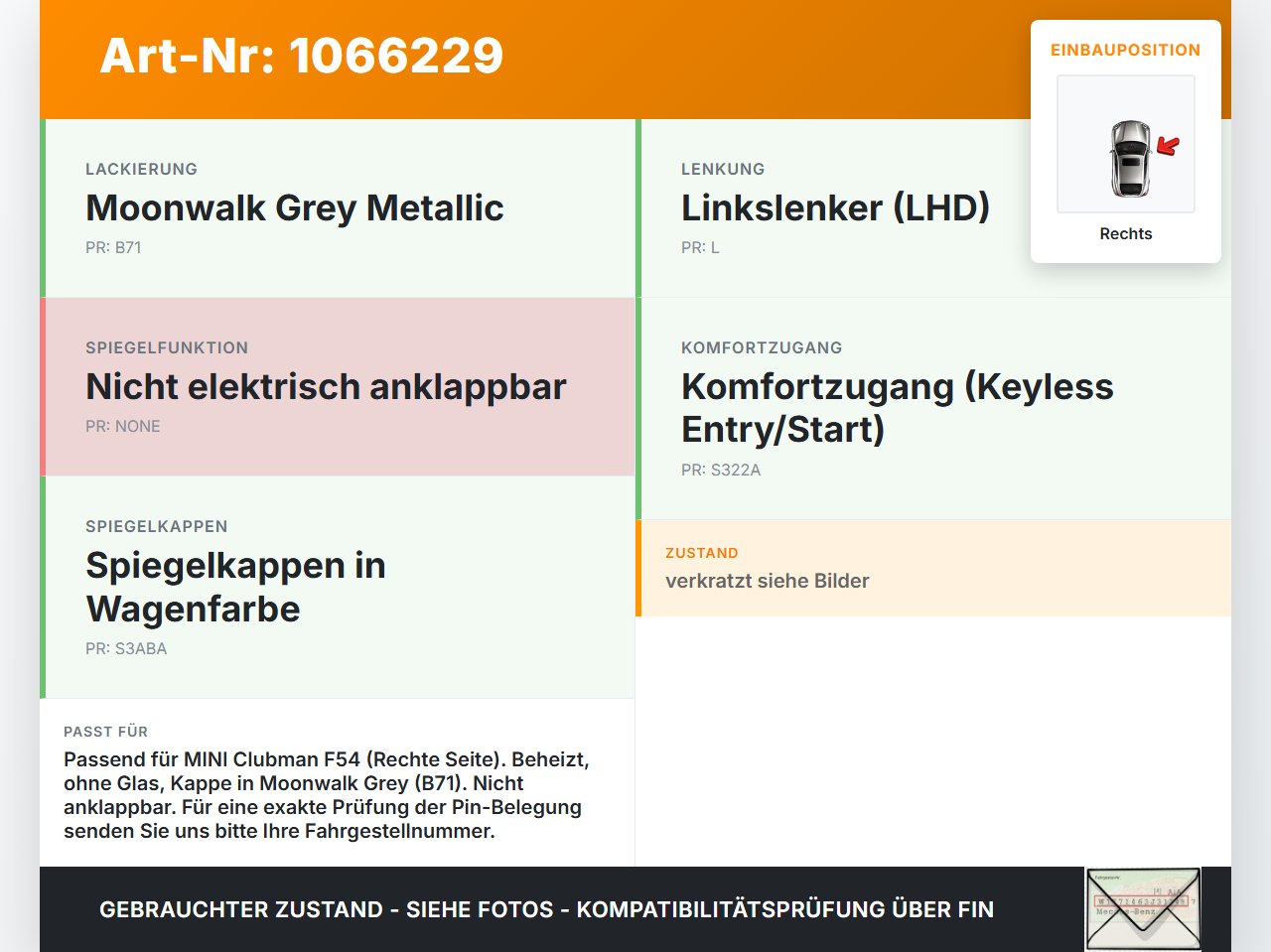 MINI F54  Clubman 15-19 Spiegel Aussenspiegel Rechts B71 MINI F54  Clubman 15-19 19.05.2017 5116-7471960 7471960... Vorschau 3
