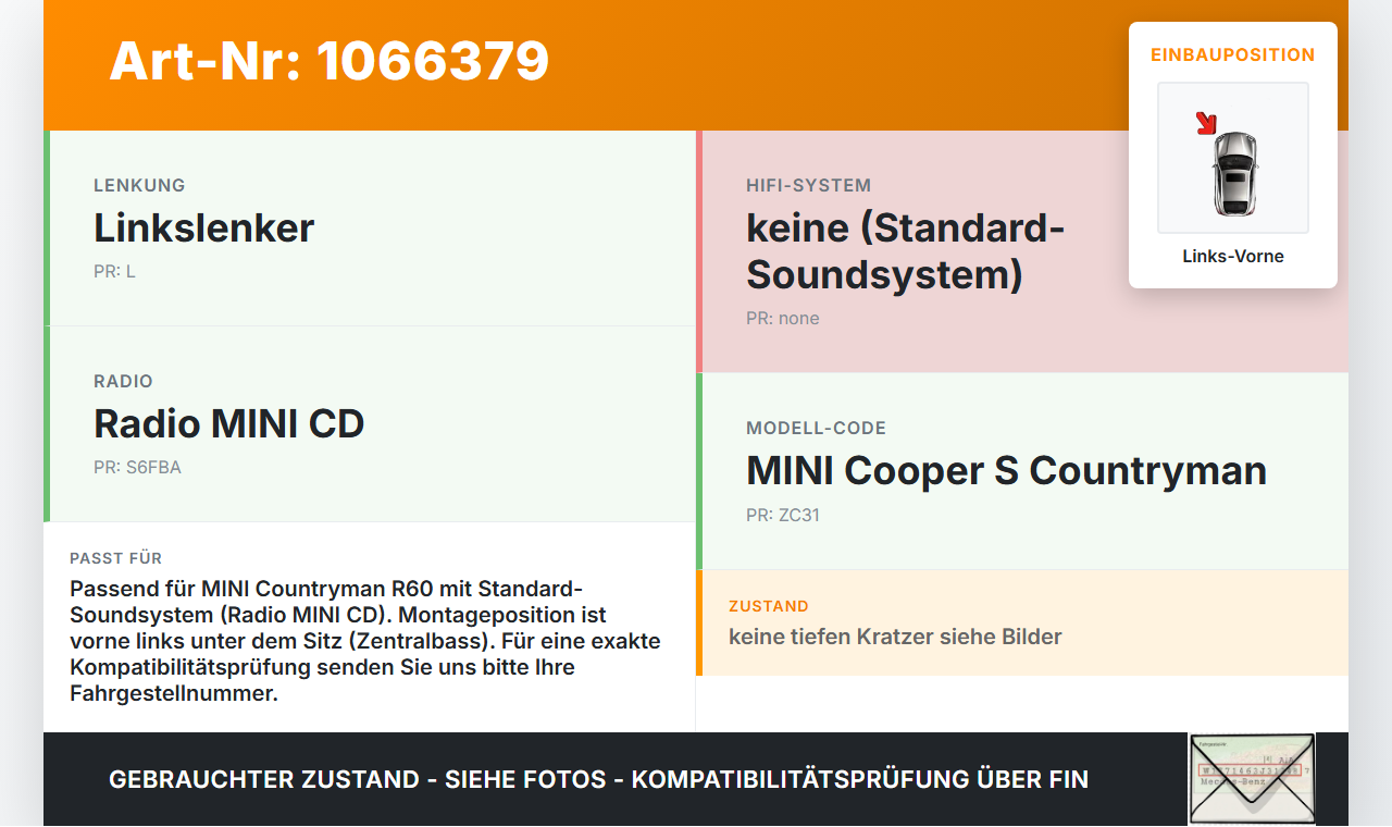 MINI Countryman R60 10-14 Lautsprecher Tieftöner Links Vorne MINI Countryman R60 10-14 08.12.2011 65139800511 gebraucht Vorschau 3
