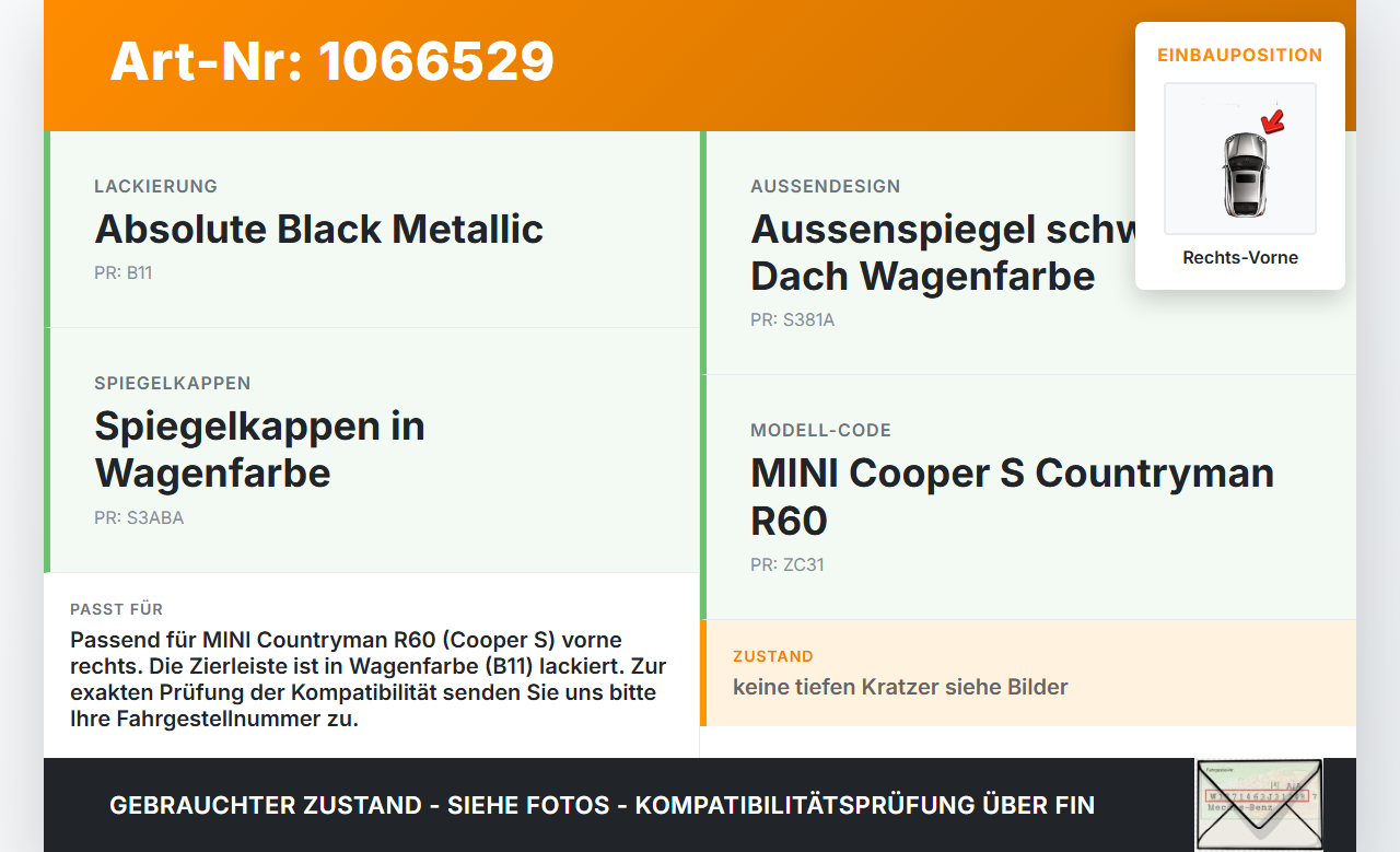 MINI Countryman R60 10-14 Leiste Zierleiste für Kotflügel Rechts Vorne B11 MINI Countryman R60 10-14 08.12.2011... Vorschau 3