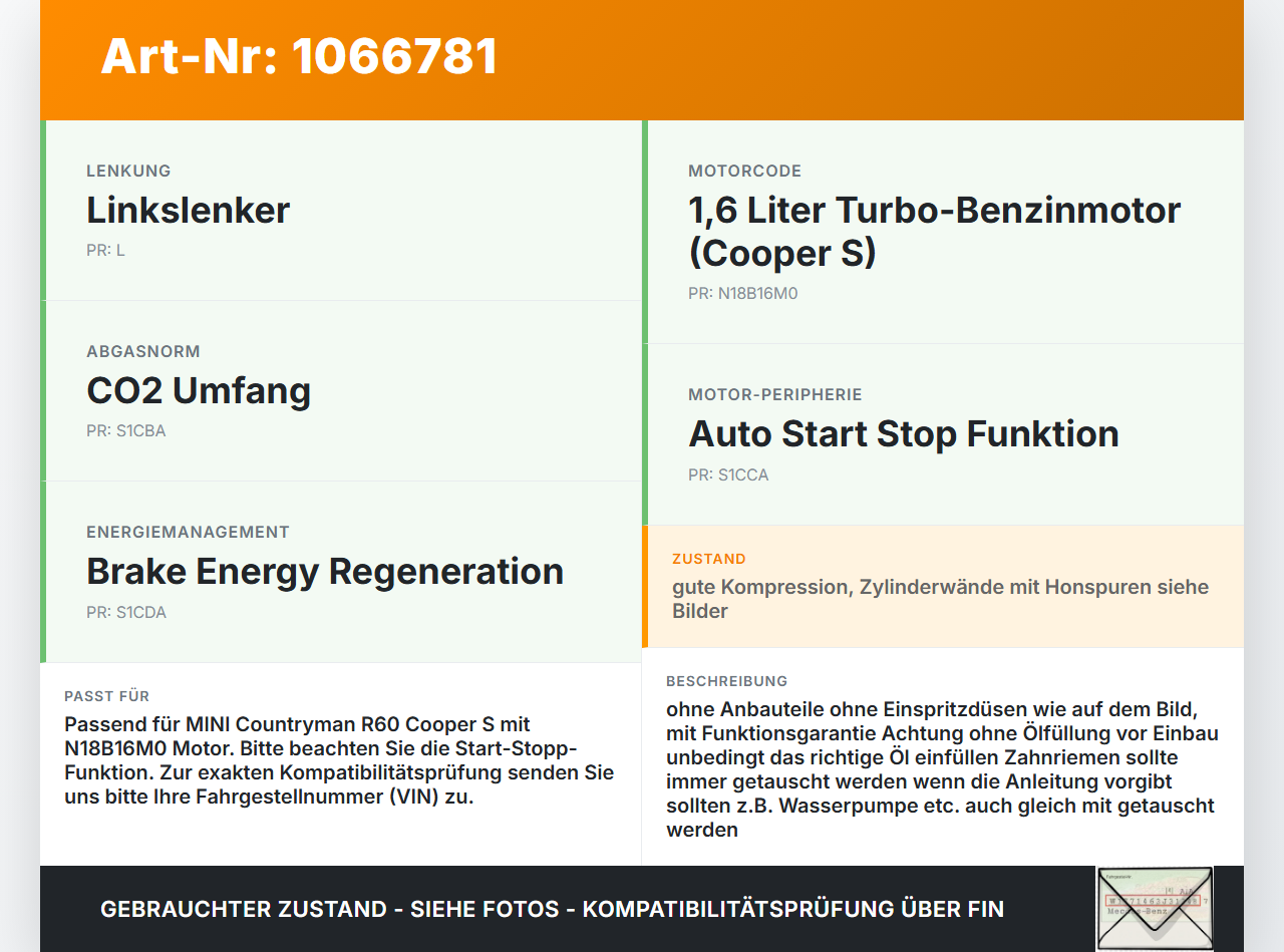MINI Countryman R60 10-14 1,6 135KW N18B16M0 Motor Triebwerk Benzinmotor Komplettmotor MINI Countryman R60 10-14... Vorschau 3