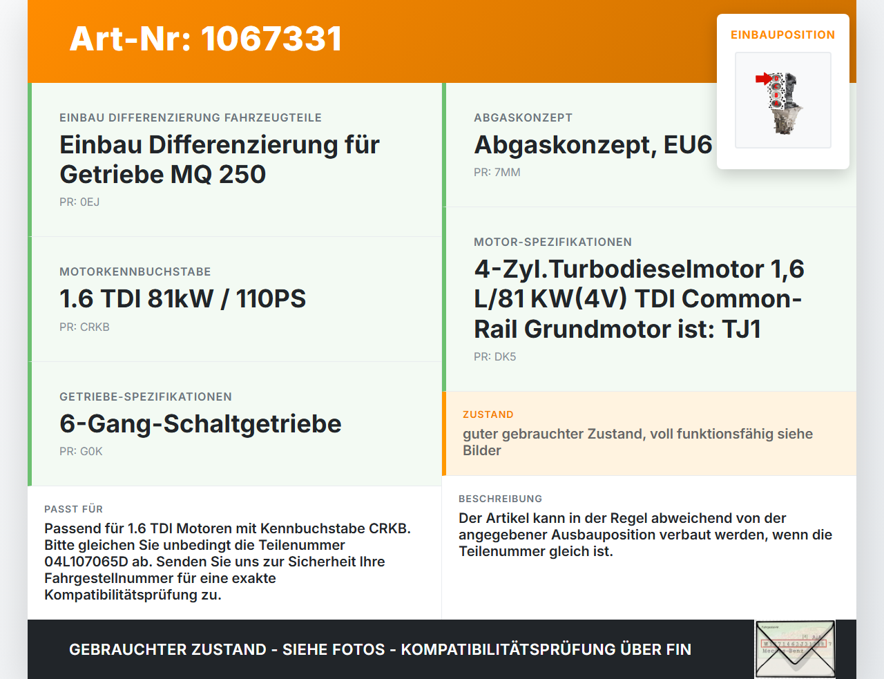 VW Touran II 5T 15-24 TDI 1,6 81KW CRKB Kolben mit Pleuel D VW Touran II 5T 15-24 14.12.2015 04L107065D gebraucht Vorschau 3