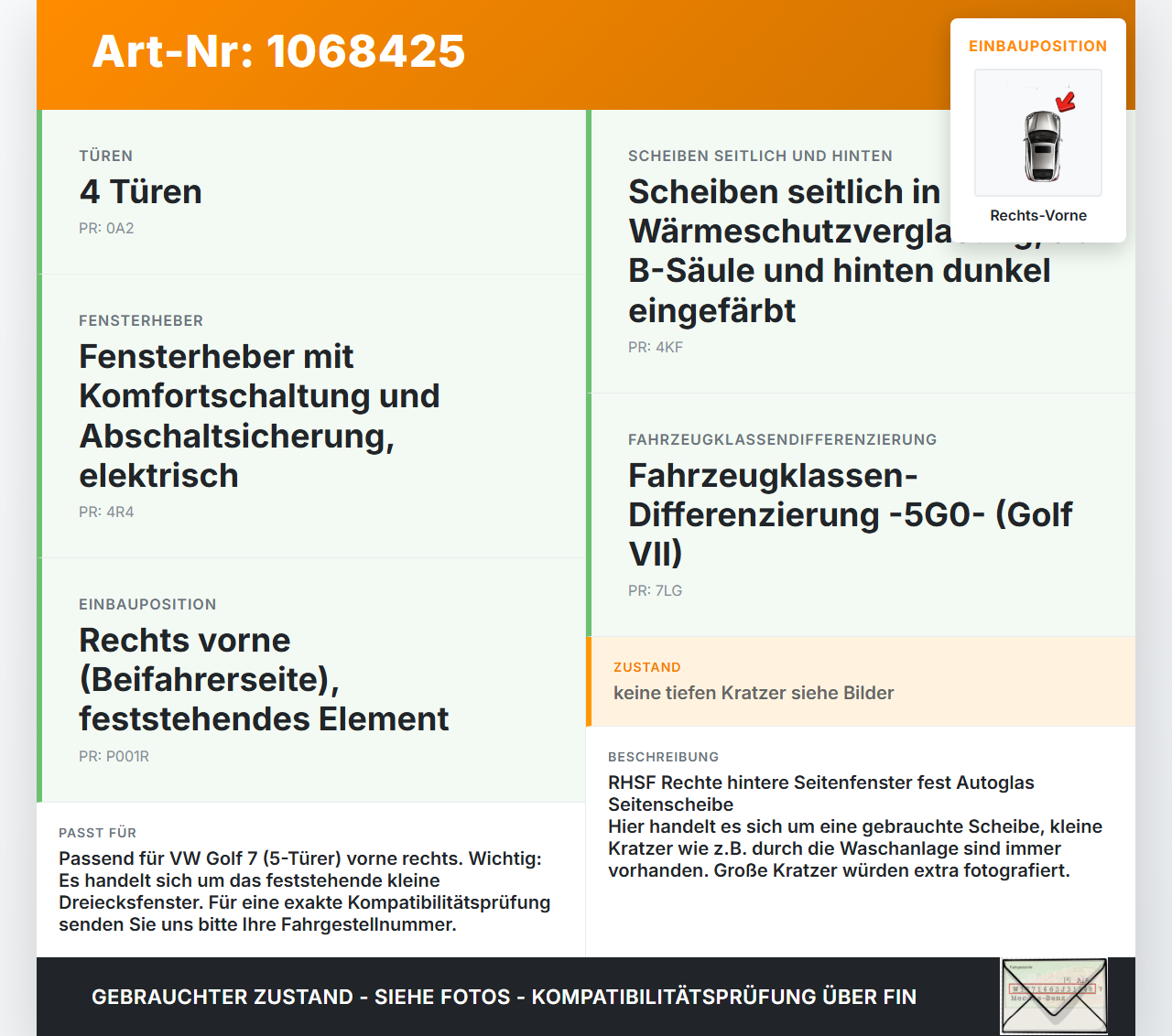 VW Golf VII 7 5G 17-20 5T Seitenscheibe Feste Scheibe Tür Vorne Rechts VW Golf VII 7 5G 17-20 22.11.2019 5G0845412E... Vorschau 3