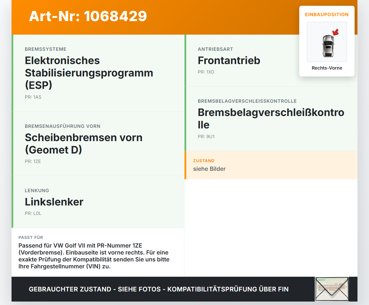 VW Golf VII 7 5G 17-20 TSI 1,5 110KW Bremssattel Bremszange Vorne Rechts VW Golf VII 7 5G 17-20 22.11.2019... Vorschau 3