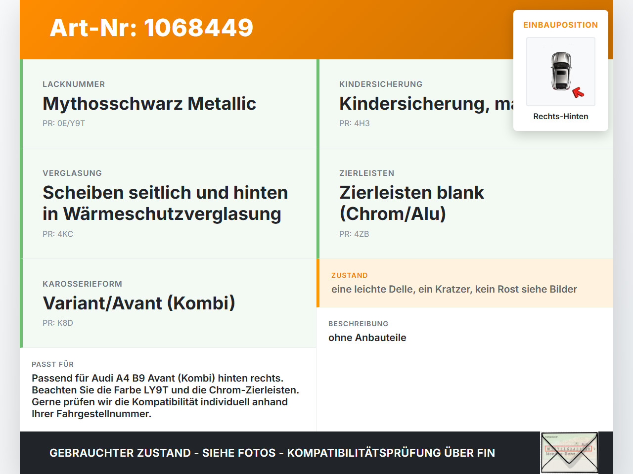 Audi A4 8W B9 19-24 Kombi Tür Rechts Hinten LY9T Audi A4 8W B9 19-24 18.12.2015 8W9833052A gebraucht Vorschau 3