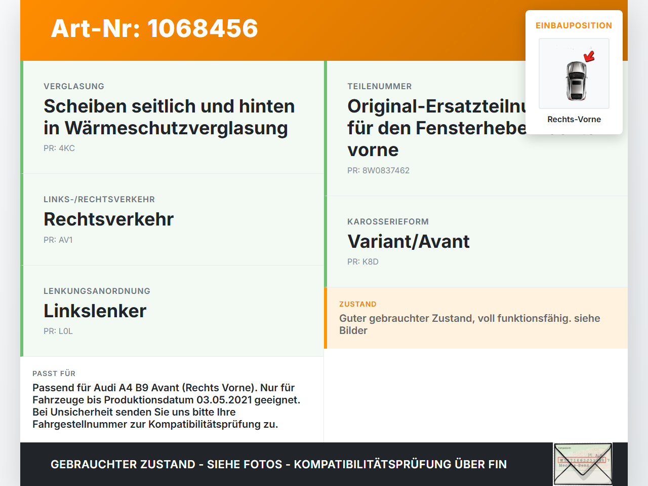 Audi A4 8W B9 19-24 Kombi Fensterheber o. FH-Motor Rechts Vorne Audi A4 8W B9 19-24 18.12.2015 8W0837462... Vorschau 3