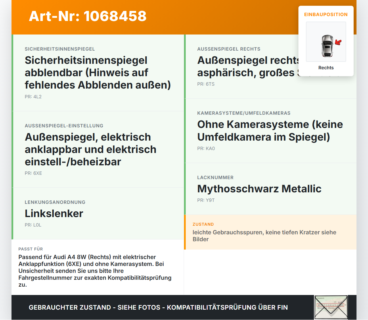 Audi A4 8W B9 19-24 Spiegel Aussenspiegel Rechts LY9T Audi A4 8W B9 19-24 18.12.2015 8W1857410D gebraucht Vorschau 3