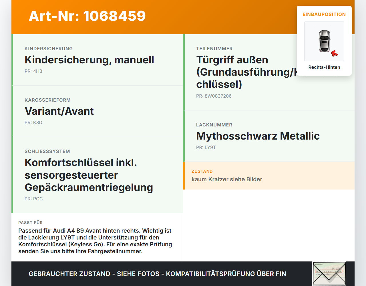 Audi A4 8W B9 19-24 Kombi Türgriff Griff aussen Rechts Hinten LY9T Audi A4 8W B9 19-24 18.12.2015 8W0837206 gebraucht Vorschau 3
