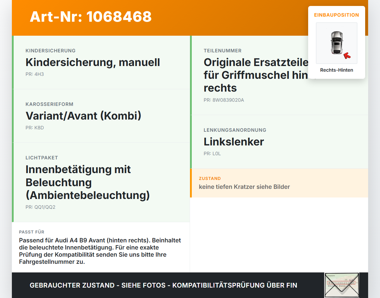 Audi A4 8W B9 19-24 Kombi Türgriff Griffmuschel Innen Hinten Rechts Audi A4 8W B9 19-24 18.12.2015 8W0839020A gebraucht Vorschau 3