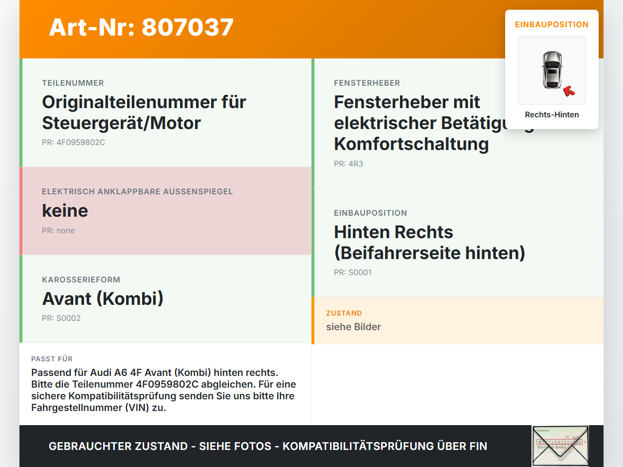 Audi A6 4F 6C 05-08 Kombi Fensterhebermotor Rechts Hinten Audi A6 4F 6C 05-08 30.11.2005 997000-201 4F0959802C... Vorschau 3