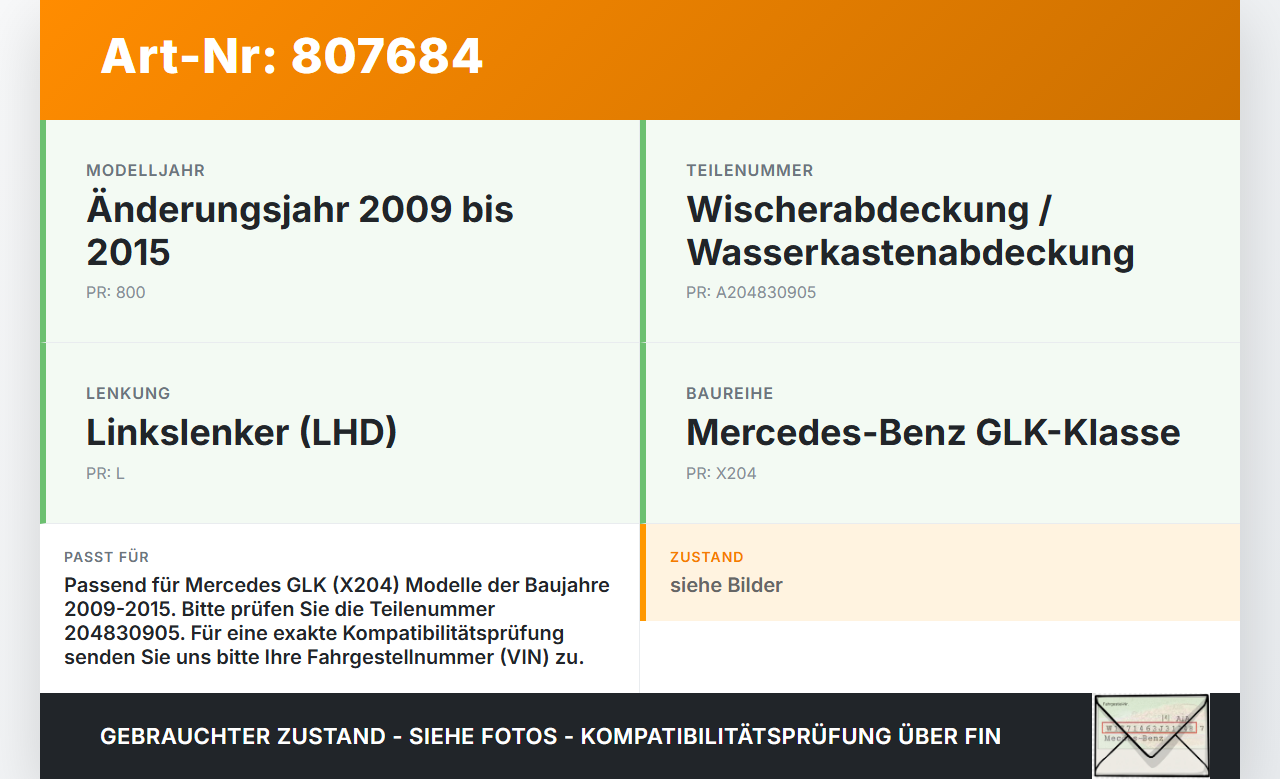 Mercedes X204 GLK 09-15 Wischerabdeckung Abdeckung für Wischermotor Mercedes X204 GLK 09-15 21.02.2009 0001002368... Vorschau 3