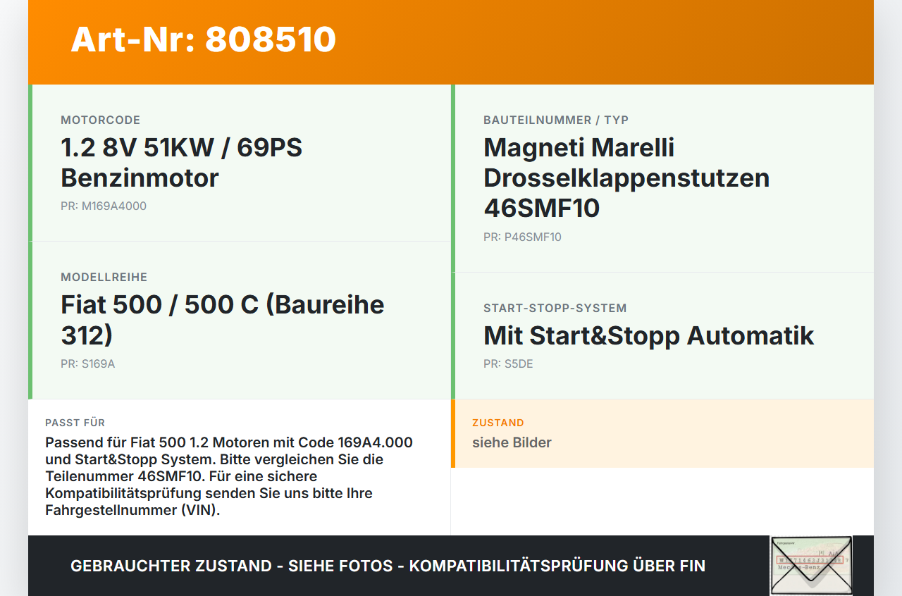 Fiat 500 C 07-12 1,2 51KW 169A4.000 Drosselklappe Fiat 500 C 07-12 27.04.2010 46SMF10 gebraucht Vorschau 3