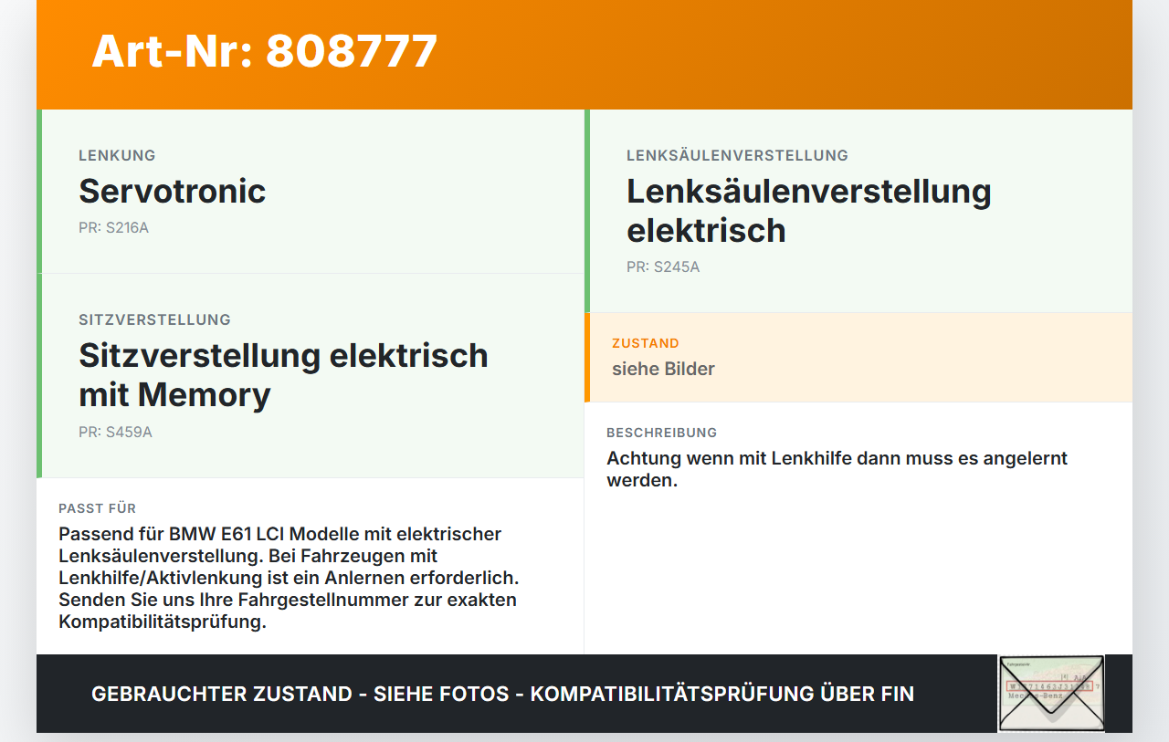 BMW E61 520d LCi 07-10 Höhenverstellung für Lenksäule BMW E61 520d LCi 07-10 05.11.2007 6780876 gebraucht Vorschau 3