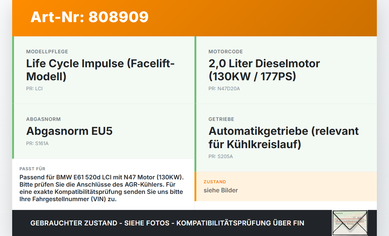 BMW E61 520d LCi 07-10 2,0d 130KW Abgaskühlung Wärmetauscher BMW E61 520d LCi 07-10 05.11.2007 gebraucht Vorschau 3