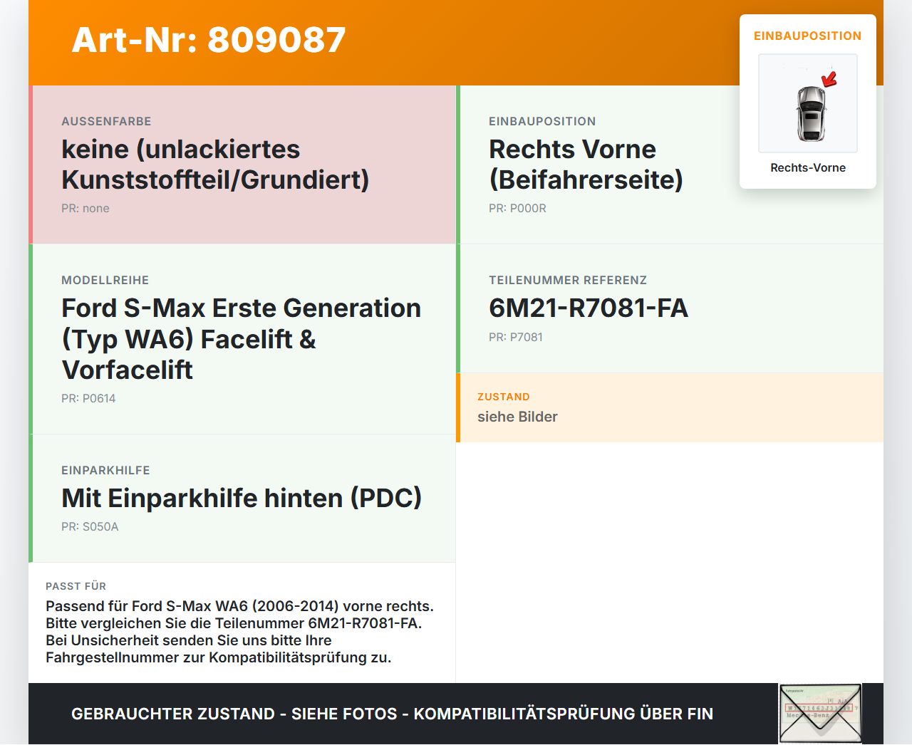 Ford S-Max WA6 06-14 Frontblende Zierblende für Stoßstange Rechts Vorne Ford S-Max WA6 06-14 14.12.2007... Vorschau 3