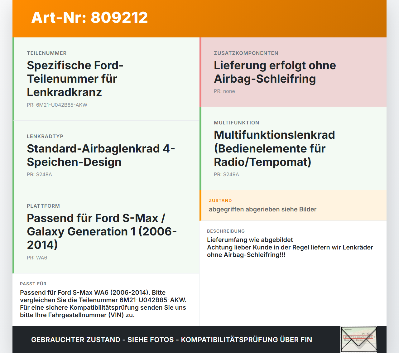 Ford S-Max WA6 06-14 Lenkrad Airbaglenkrad Ford S-Max WA6 06-14 14.12.2007 6M21-U042B85-AKW 305479899M95-AA gebraucht Vorschau 3