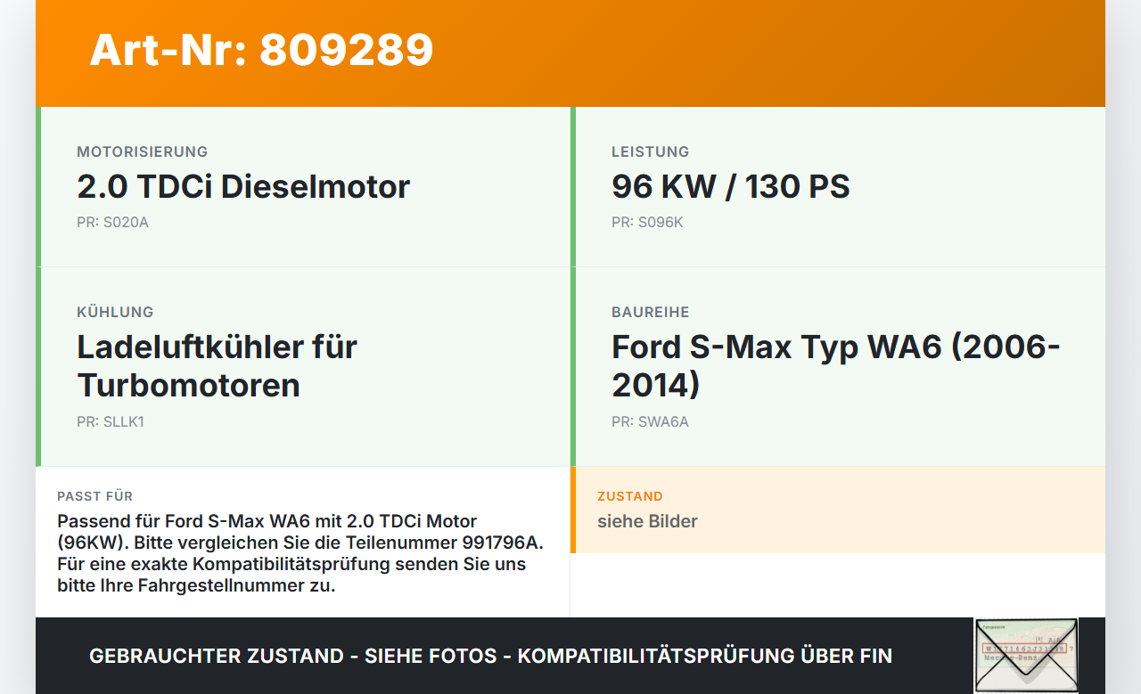 Ford S-Max WA6 06-14 TDCi 2,0 96KW Ladeluftkühler Kühler Ford S-Max WA6 06-14 14.12.2007 6G91-9L440-FC gebraucht Vorschau 3