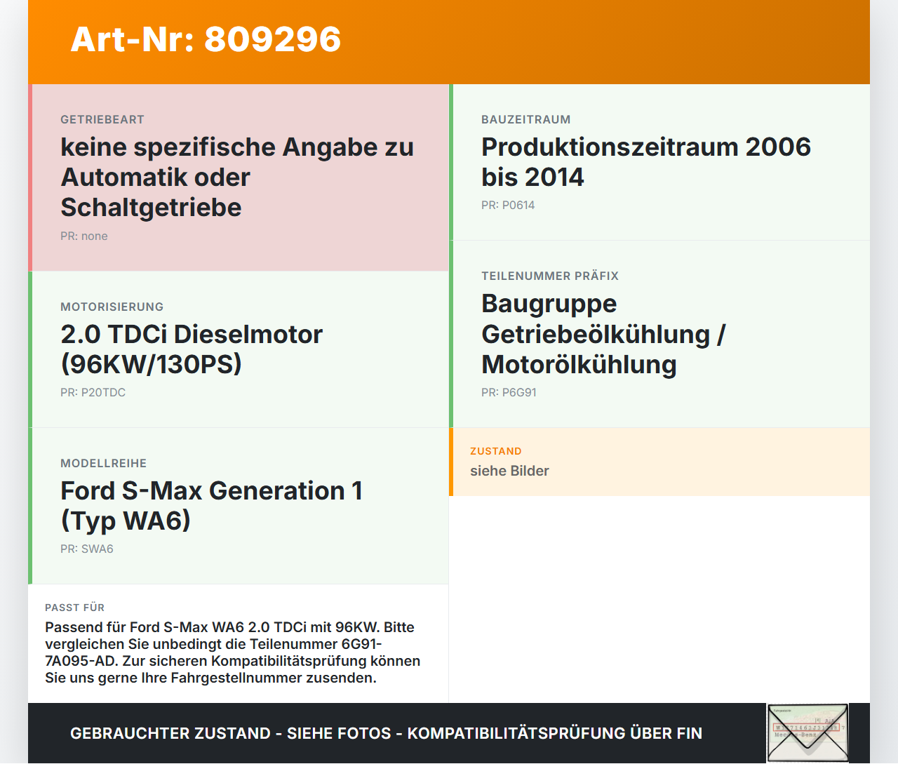 Ford S-Max WA6 06-14 TDCi 2,0 96KW Ölkühler Ford S-Max WA6 06-14 14.12.2007 6G91-7A095-AD gebraucht Vorschau 3