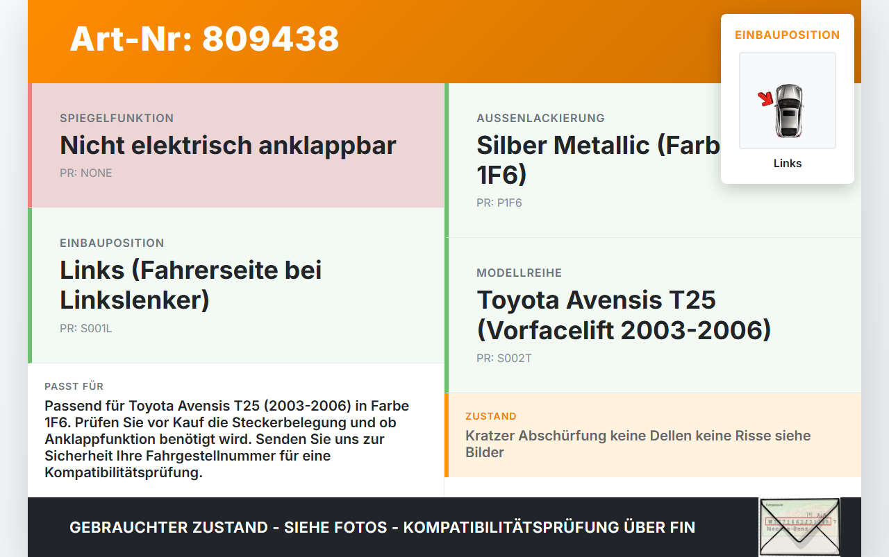 Toyota Avensis T25 03-06 Spiegel Aussenspiegel Links 1F6 Toyota Avensis T25 03-06 06.07.2005 gebraucht Vorschau 3
