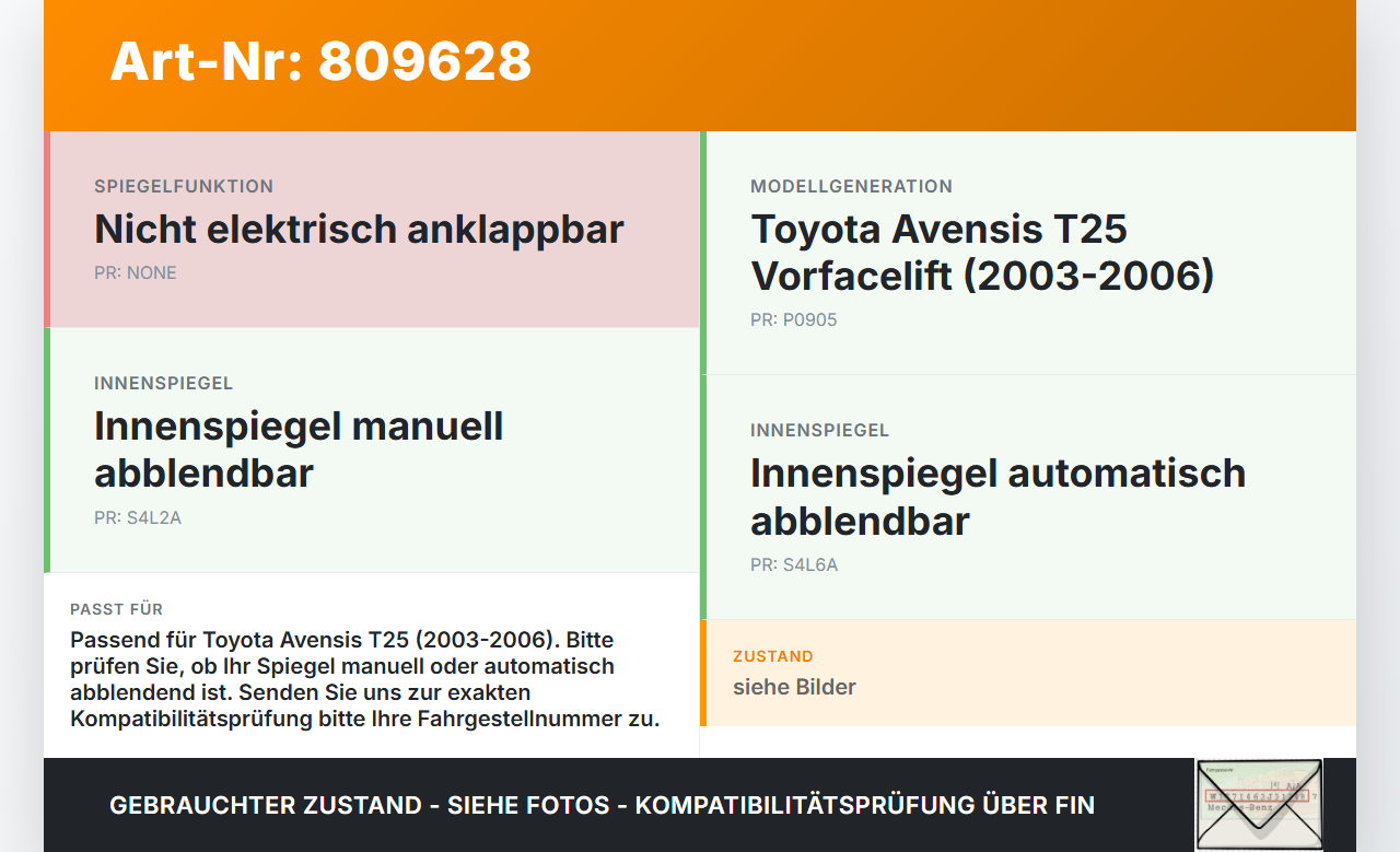 Toyota Avensis T25 03-06 Innenspiegel Rückspiegel Spiegel Innen Toyota Avensis T25 03-06 06.07.2005 905-0685 gebraucht Vorschau 3