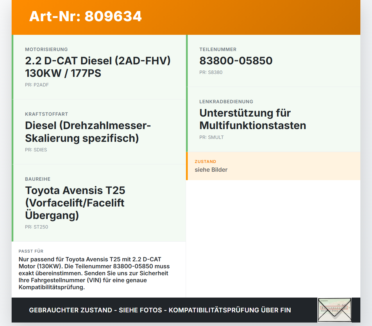 Toyota Avensis T25 03-06 D-CAT 2,2 130KW Kombiinstrument Tacho Toyota Avensis T25 03-06 06.07.2005 83800-05850... Vorschau 3