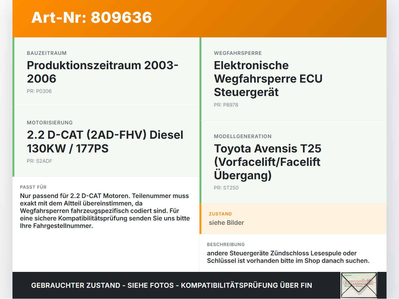 Toyota Avensis T25 03-06 D-CAT 2,2 130KW Wegfahrsperre ECU Steuergerät Toyota Avensis T25 03-06 06.07.2005... Vorschau 3