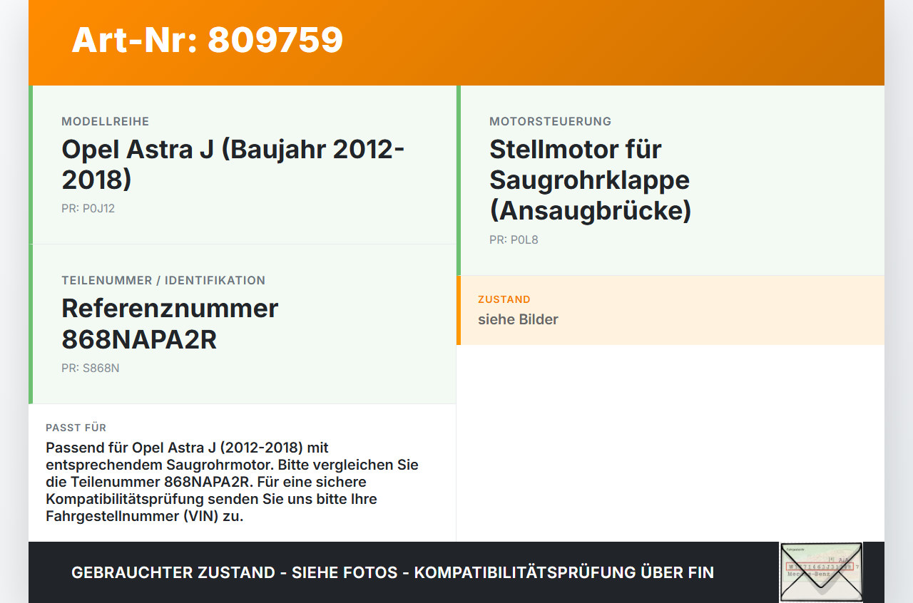 Opel Astra J 12-18 Stellmotor für Ansaugbrücke Opel Astra J 12-18 05.05.2015 868NAPA2R gebraucht Vorschau 3