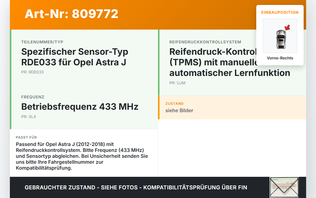 Opel Astra J 12-18 Reifendruck Sensor Radsensor Reifendrucksensor Vorne Rechts Opel Astra J 12-18 05.05.2015 RDE033... Vorschau 3