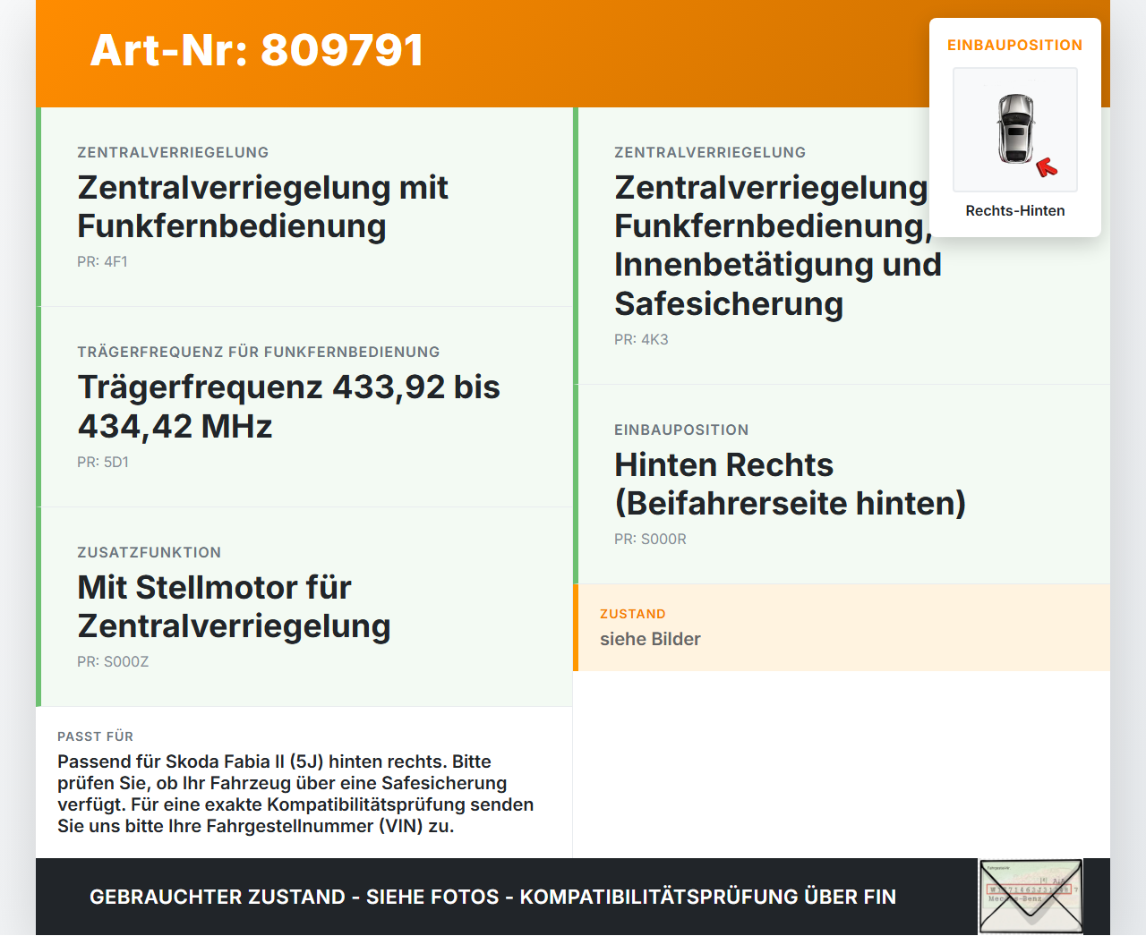 Skoda Fabia II 5J 10-14 Lim Türschloss Zentralisierung m. ZV Stellmotor Rechts Hinten Skoda Fabia II 5J 10-14... Vorschau 3