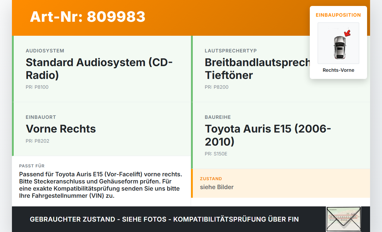 Toyota Auris E15 06-10 Lautsprecher Rechts Vorne Toyota Auris E15 06-10 17.08.2009 gebraucht Vorschau 3