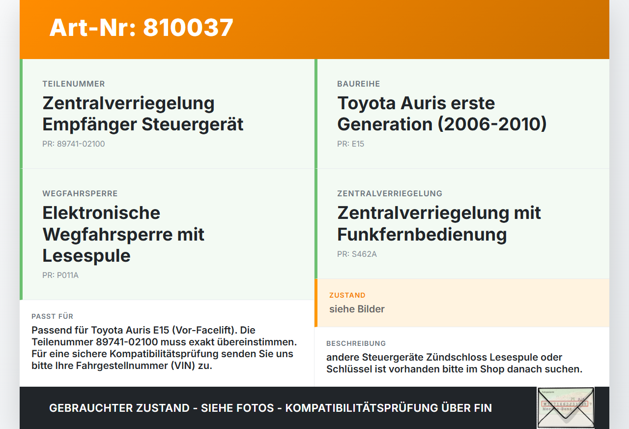Toyota Auris E15 06-10 SG Steuergerät für ZV Zentralverriegelung Toyota Auris E15 06-10 17.08.2009 89741-02100 gebraucht Vorschau 3