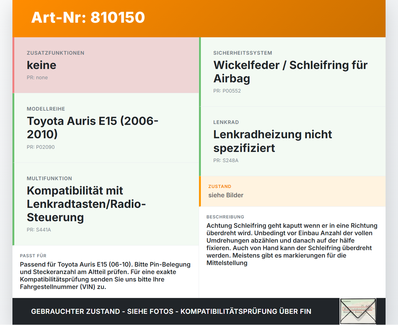 Toyota Auris E15 06-10 Airbag Schleifring Wickelfeder Toyota Auris E15 06-10 17.08.2009 02090-005520 gebraucht Vorschau 3