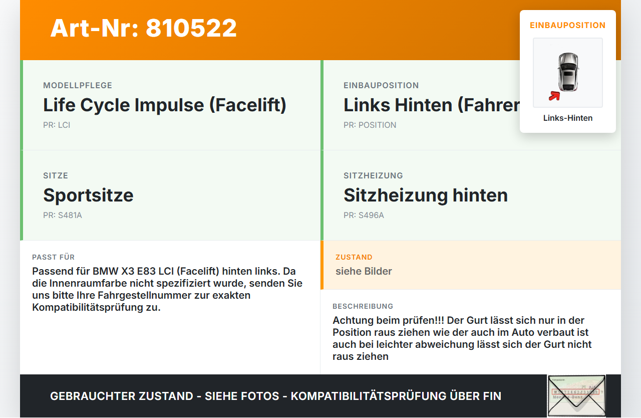 BMW X3 E83 LCI 06-10 Gurt Sicherheitsgurt Links Hinten BMW X3 E83 LCI 06-10 18.10.2006 33061260B gebraucht Vorschau 3