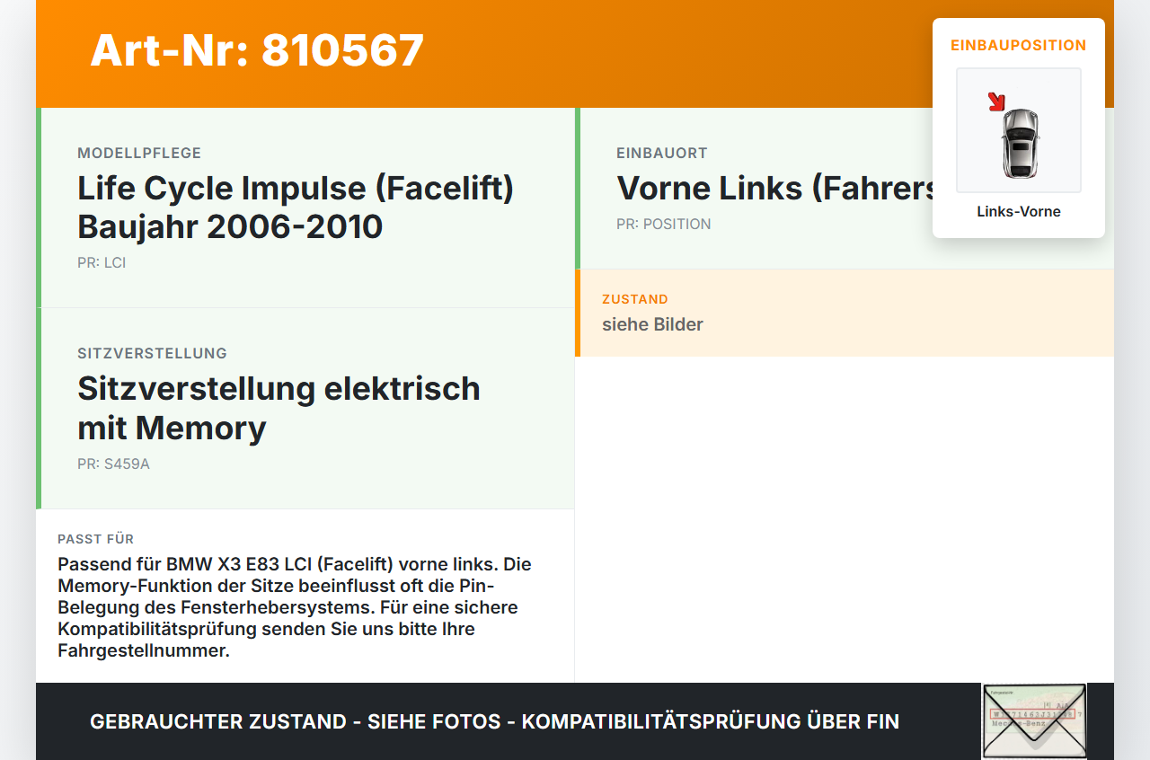 BMW X3 E83 LCI 06-10 Fensterheber o. FH-Motor Links Vorne BMW X3 E83 LCI 06-10 18.10.2006 007083011 gebraucht Vorschau 3