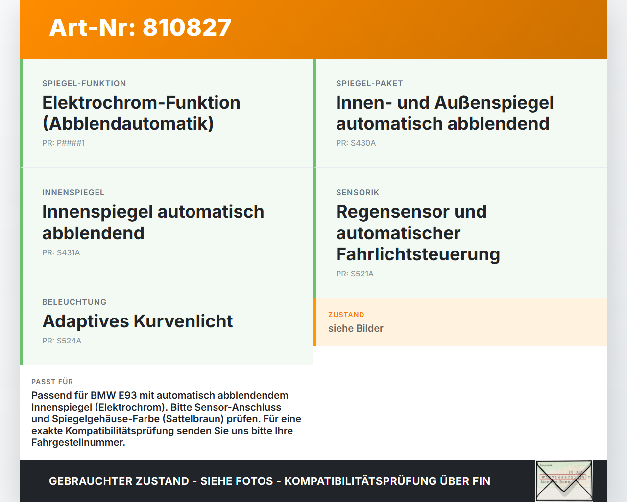 BMW E93 325i 07-10 Vorderer Sensor Abblendautomatik Fotozelle BMW E93 325i 07-10 24.05.2007 345-0569 gebraucht Vorschau 3