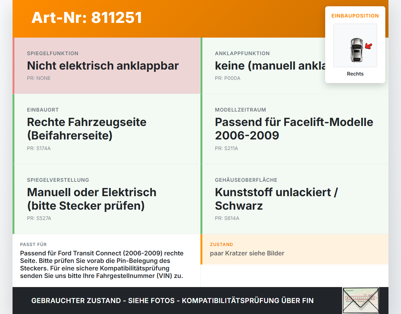 Ford Connect 06-09 Spiegel Aussenspiegel Rechts 7VTAWWA Ford Connect 06-09 22.08.2008 gebraucht Vorschau 3