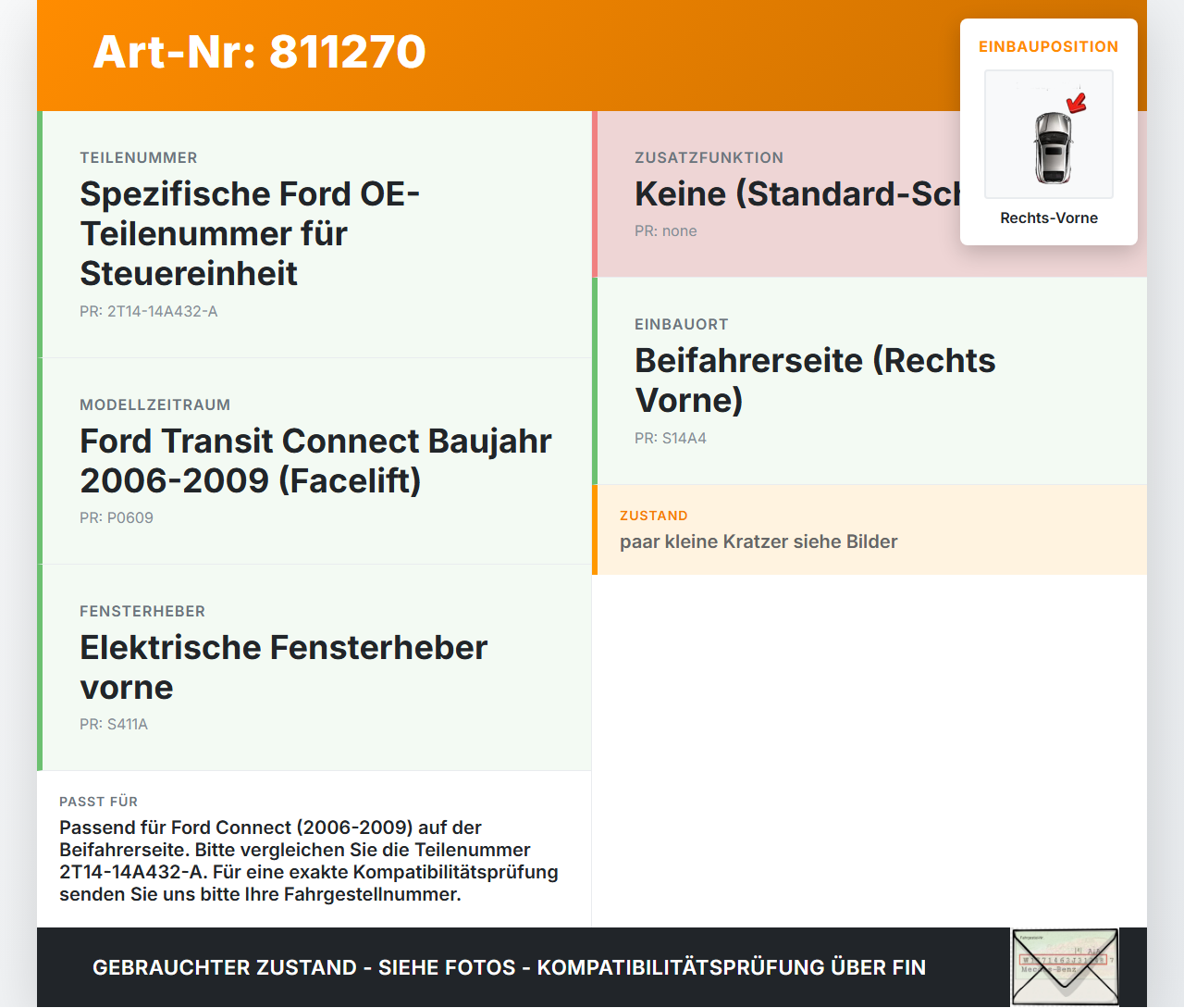 Ford Connect 06-09 Fensterheberschalter Schalter Rechts Vorne Ford Connect 06-09 22.08.2008 2T14-14A432-A gebraucht Vorschau 3