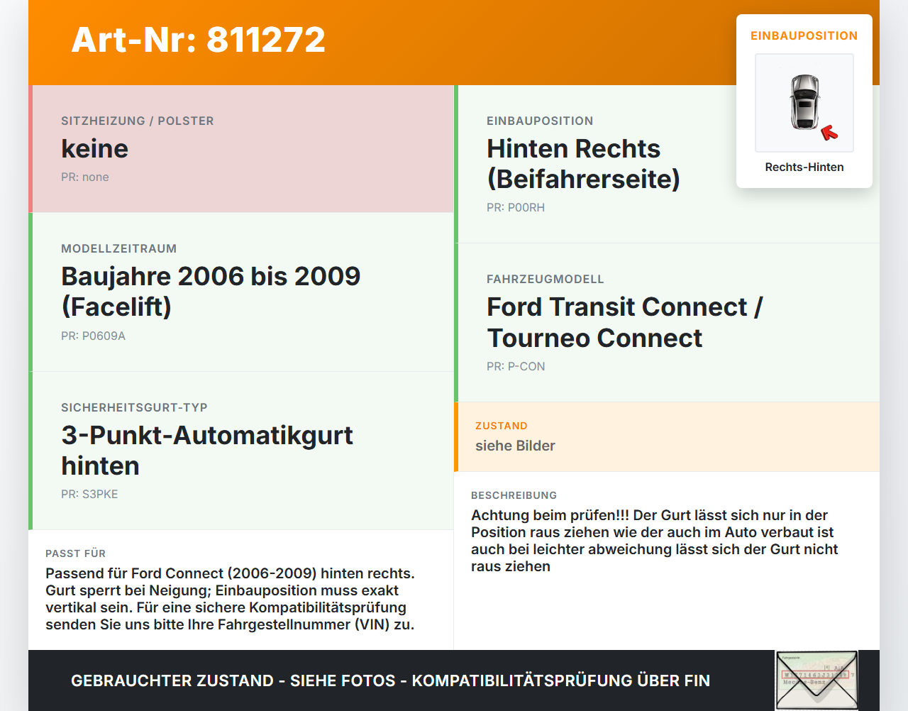 Ford Connect 06-09 Gurt Sicherheitsgurt Rechts Hinten Ford Connect 06-09 22.08.2008 A611B68 A611B68-AF gebraucht Vorschau 3