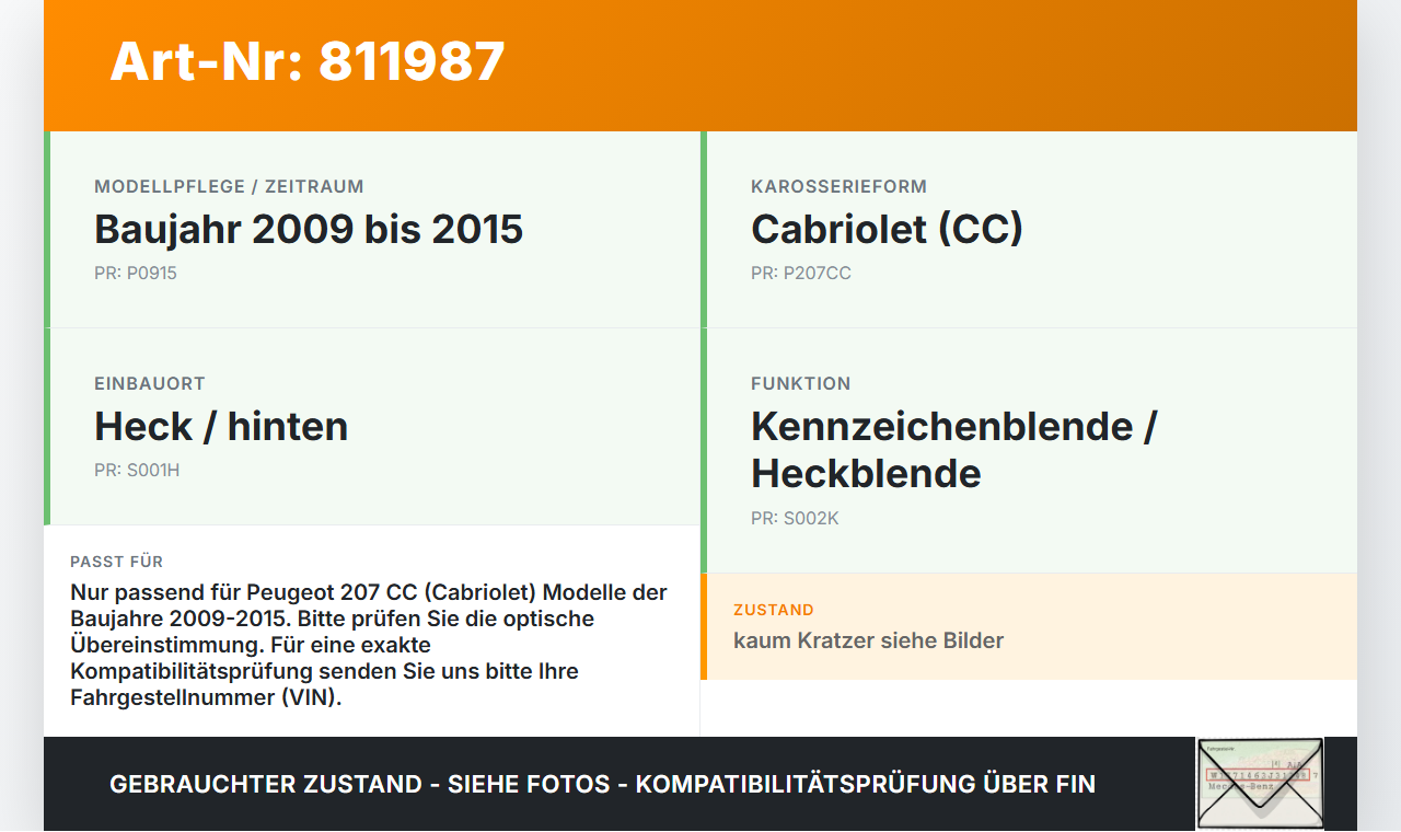 Peugeot 207 CC 09-15 Cabriolet Heckblende Kennzeichenblende Peugeot 207 CC 09-15 23.06.2010 gebraucht Vorschau 3