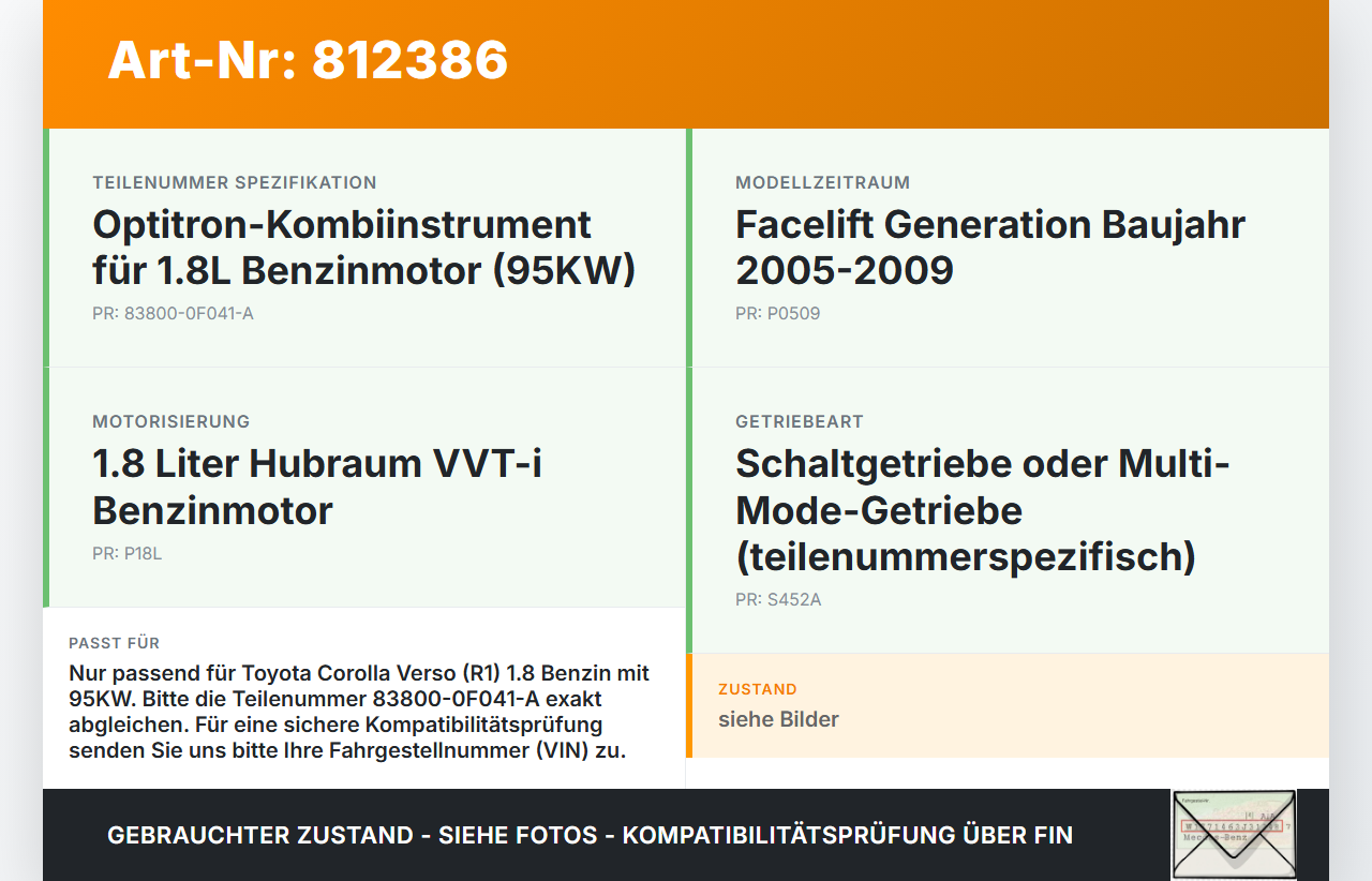Toyota Corolla Verso 05-09 1,8 95KW Kombiinstrument Tacho Toyota Corolla Verso 05-09 01.07.2007 83800-0F041-A... Vorschau 3