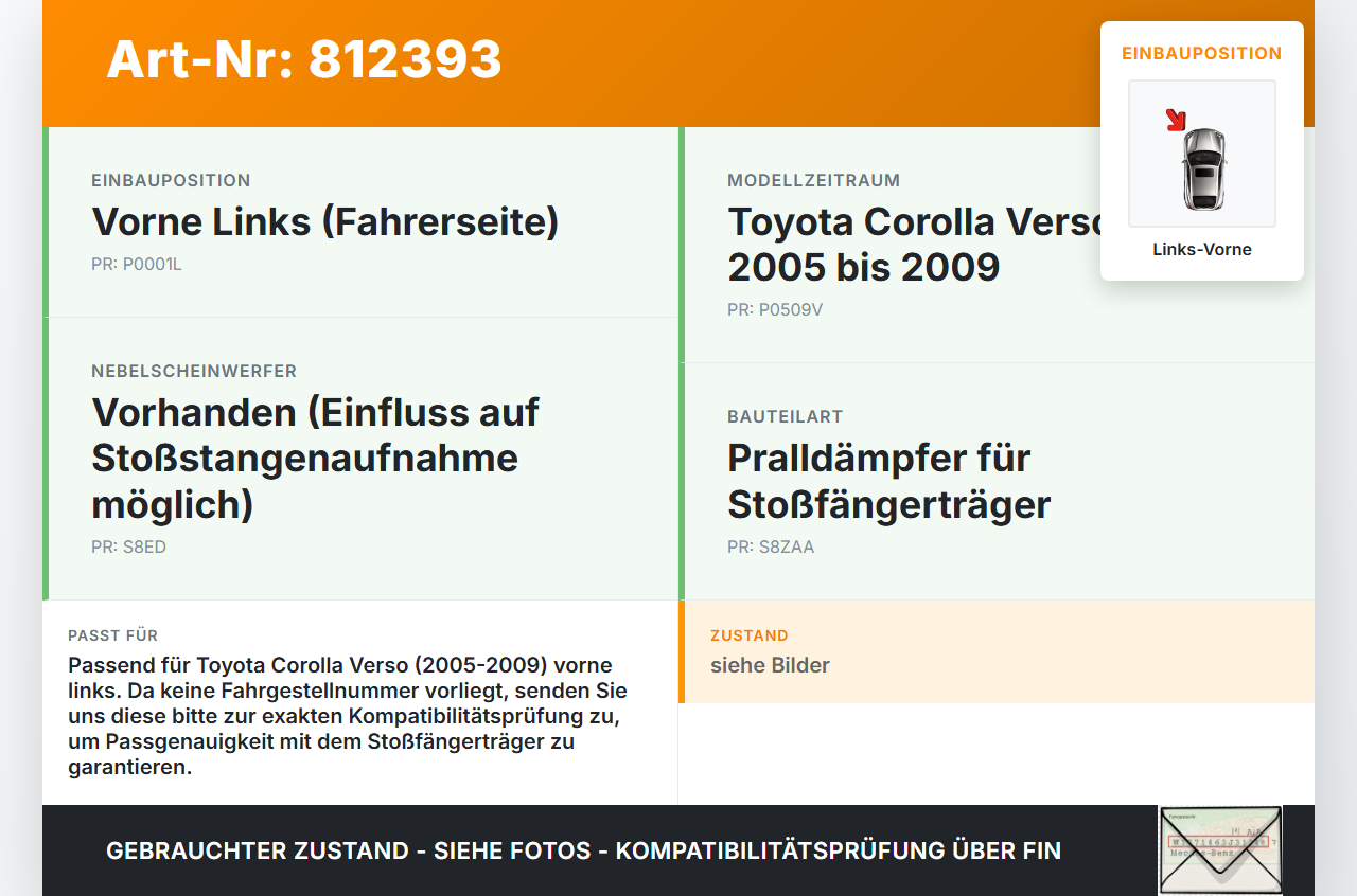 Toyota Corolla Verso 05-09 Pralldämpfer für Träger Stoßstange Vorne Links Toyota Corolla Verso 05-09 01.07.2007... Vorschau 3