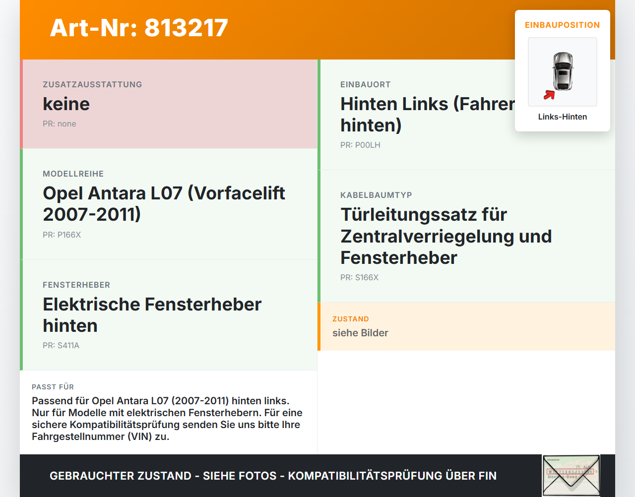 Opel Antara L07 07-11 Kabelbaum Tür und Fensterheber Links Hinten Opel Antara L07 07-11 09.02.2007 166X1-04 gebraucht Vorschau 3