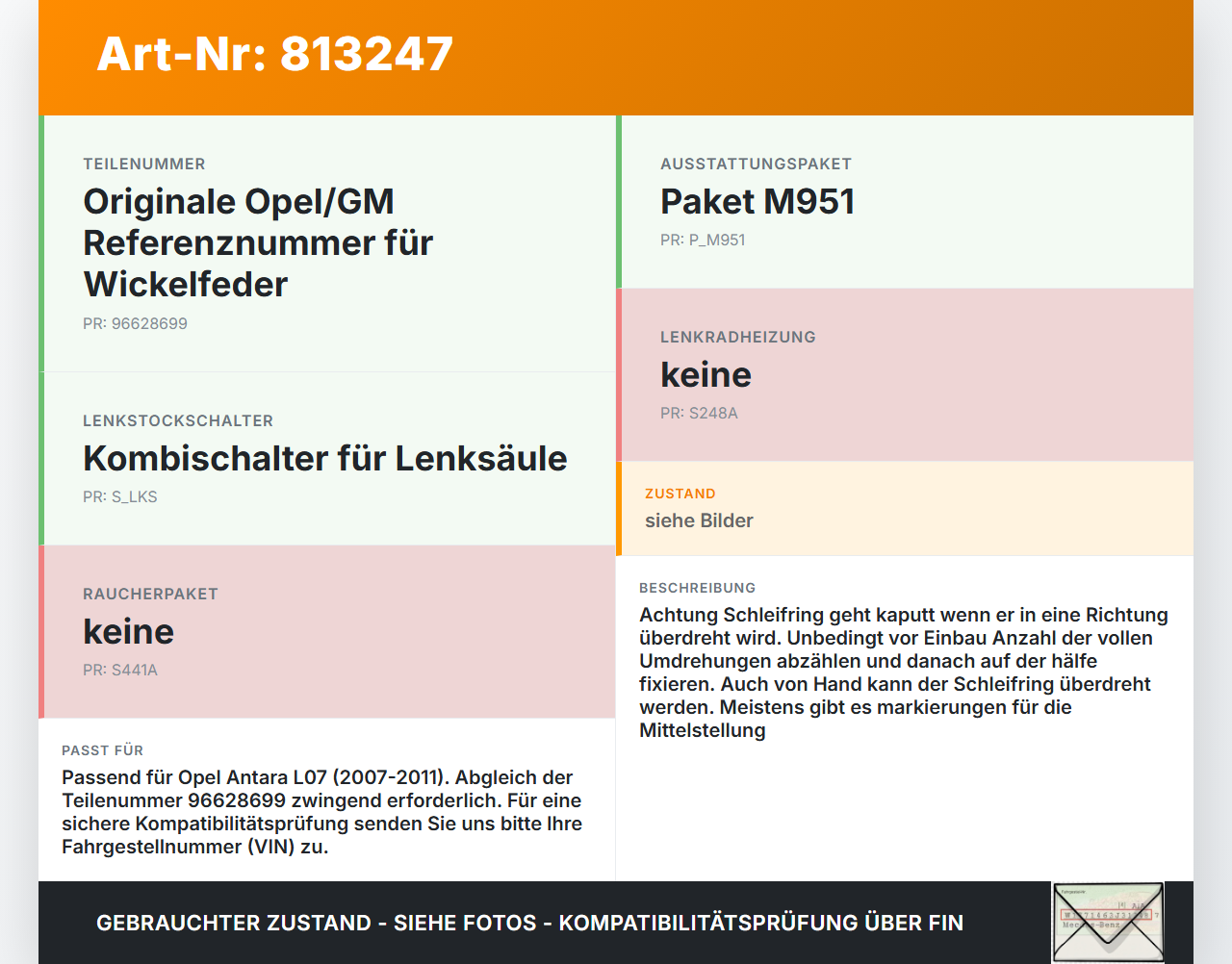 Opel Antara L07 07-11 Airbag Schleifring Wickelfeder Opel Antara L07 07-11 09.02.2007 96628699 gebraucht Vorschau 3